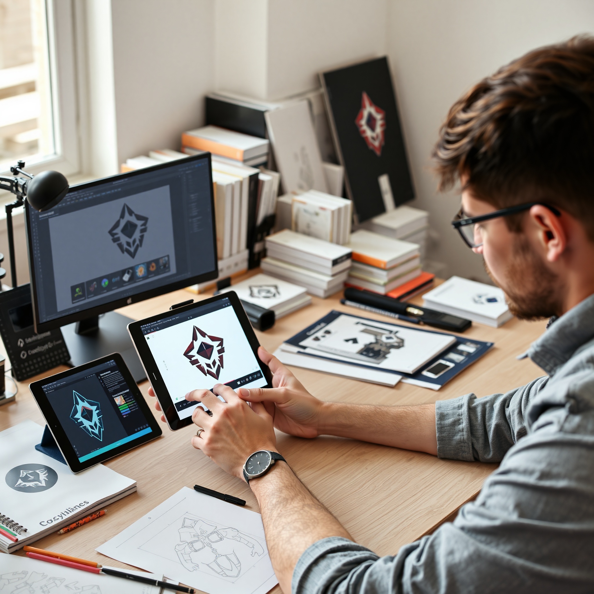 Diseñador creando composición de logotipo para plataforma gaming