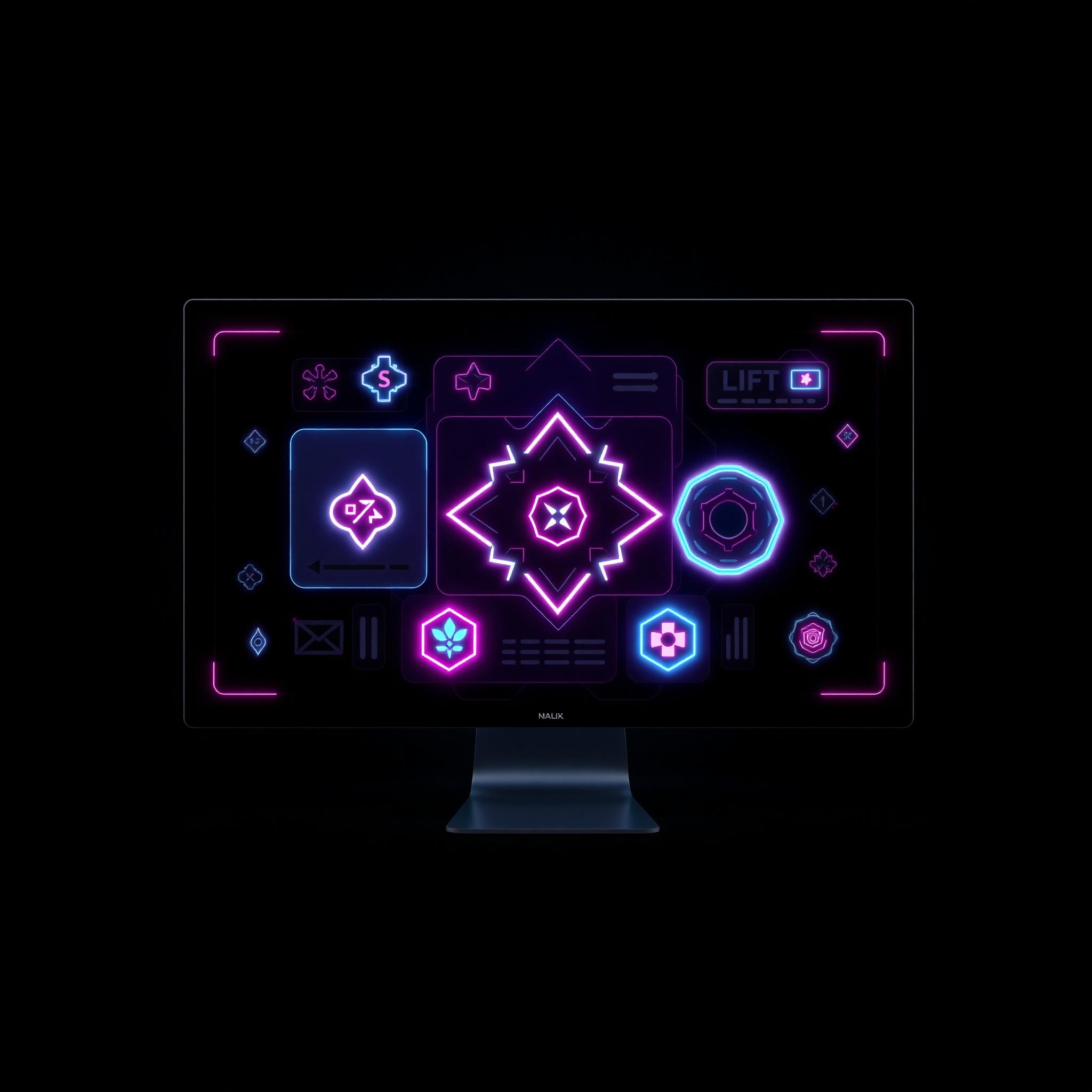 Composición de elementos UI en capas con fondo sólido magenta y elementos neon superpuestos