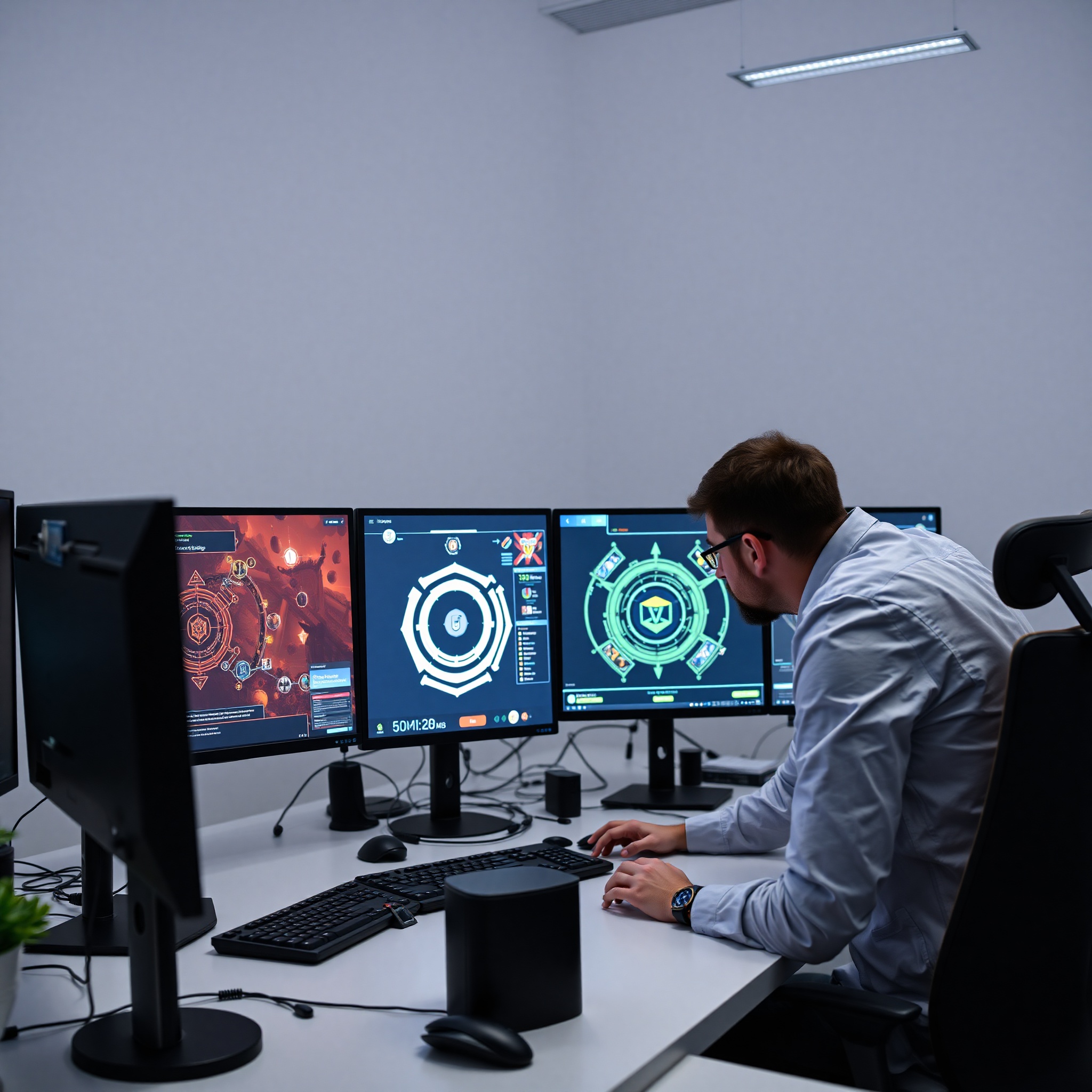 Equipo de investigadores analizando interfaces de juegos digitales en estudio profesional